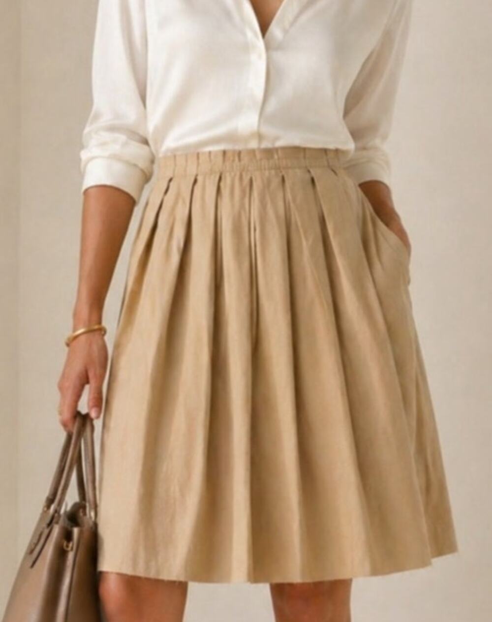 Massimo Dutti Womens Pleated Midi Skirt Large Beige Academia Preppy Teacher Fall